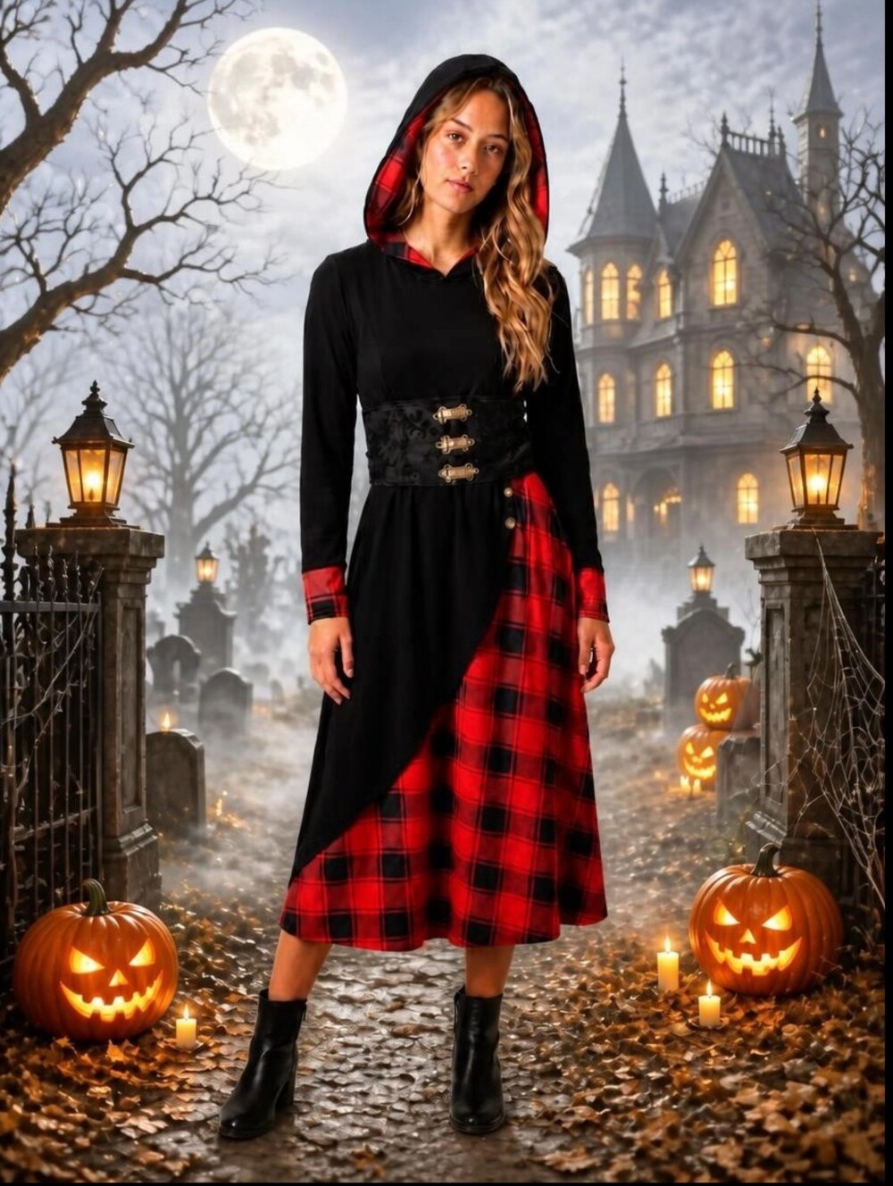 NWT Retro Stage Plaid Hooded Dress Vintage Goth Witchy Midi XL